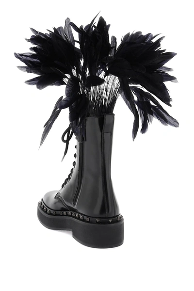 Shop Valentino Garavani Leather M Way Rockstud Combat Boots With Feathers