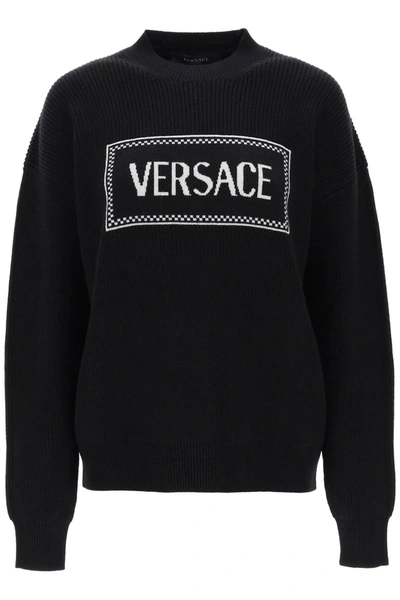 Shop Versace Crew Neck Sweater With Logo Inlay