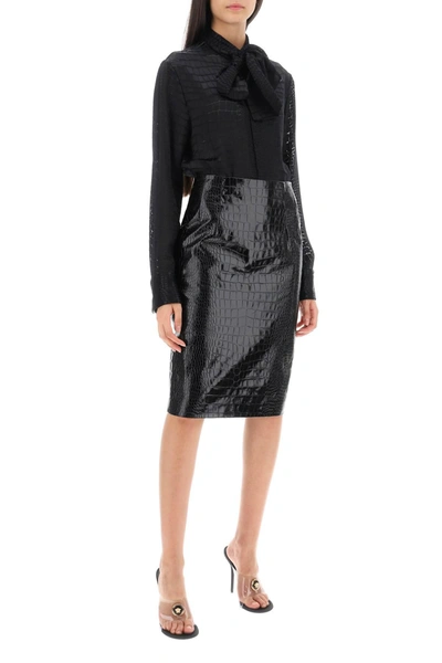 Shop Versace Croco Effect Leather Pencil Skirt