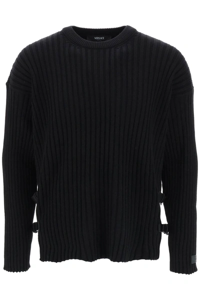 Shop Versace Ribbed Knit Sweater With Leather Straps