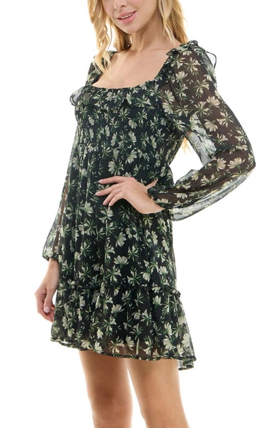 Shop Row A Long Sleeve Smocked Dress In Black Floral