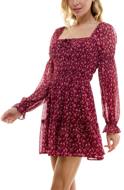 Shop Row A Long Sleeve Smocked Minidress In Dark Red Floral