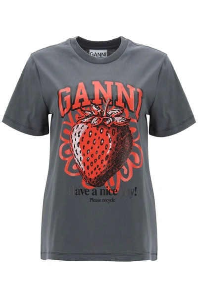 Shop Ganni T-shirt With Graphic Print In Grey