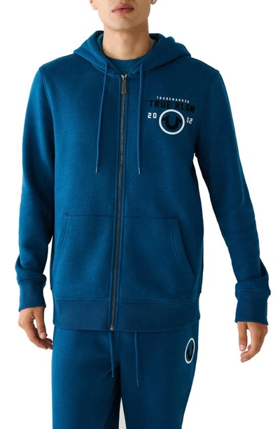 Shop True Religion Brand Jeans Trademarked Logo Zip-up Hoodie In Poseidon