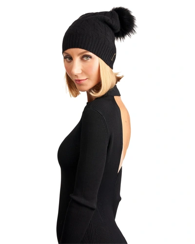 Shop Gorski Cable Knit Cashmere Hat With Fox Fur Pompom In Black