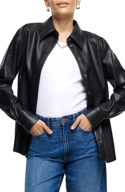 Shop River Island Snap Front Faux Leather Shirt In Black