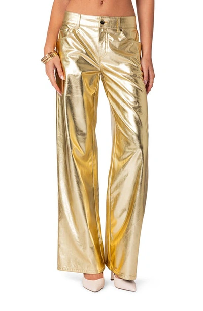 Shop Edikted Metallic Faux Leather Pants In Gold