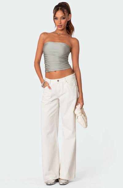 Edikted Maxeen Shiny Ruched Crop Tube Top In Gray