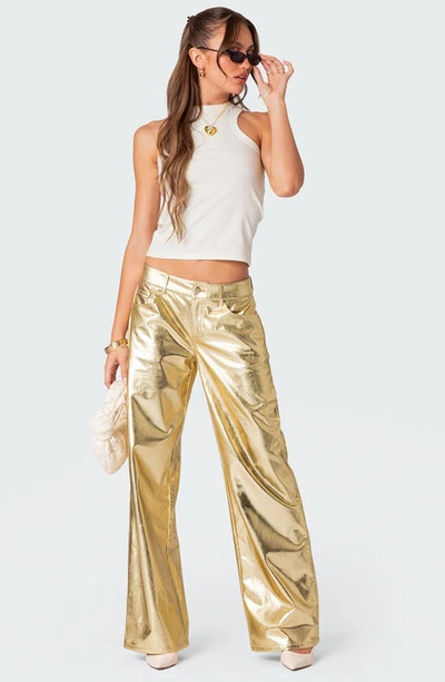 Shop Edikted Metallic Faux Leather Pants In Gold