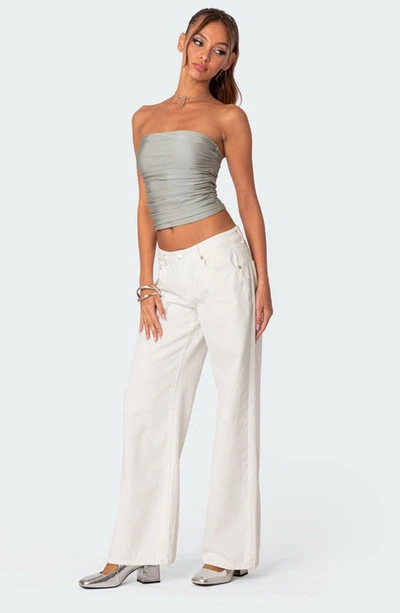 Edikted Maxeen Shiny Ruched Crop Tube Top In Gray