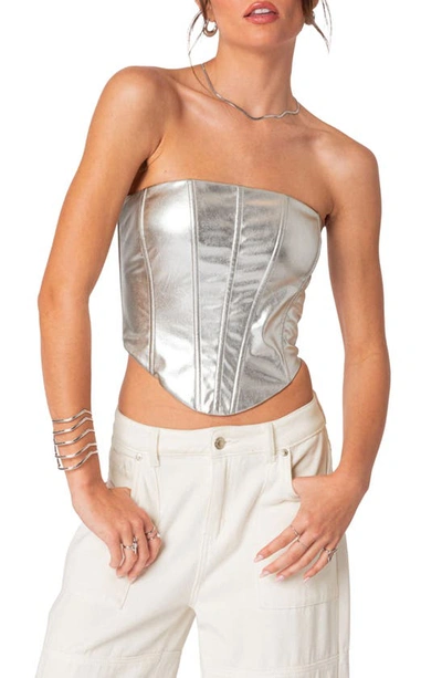 Shop Edikted Mabel Metallic Faux Leather Corset Top In Silver