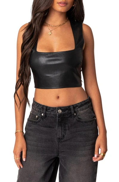 Shop Edikted Crescent Faux Leather Crop Top In Black