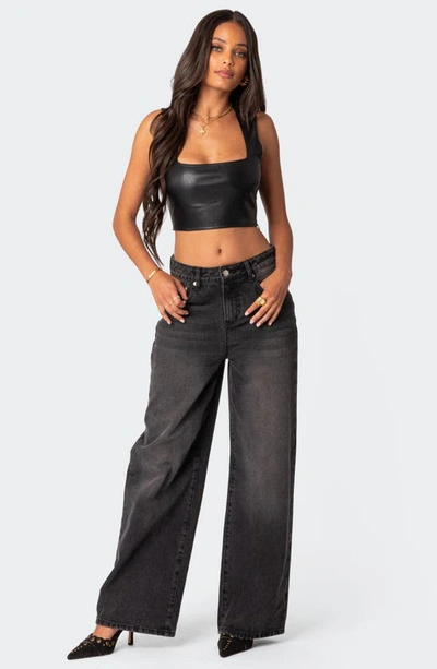 Shop Edikted Crescent Faux Leather Crop Top In Black