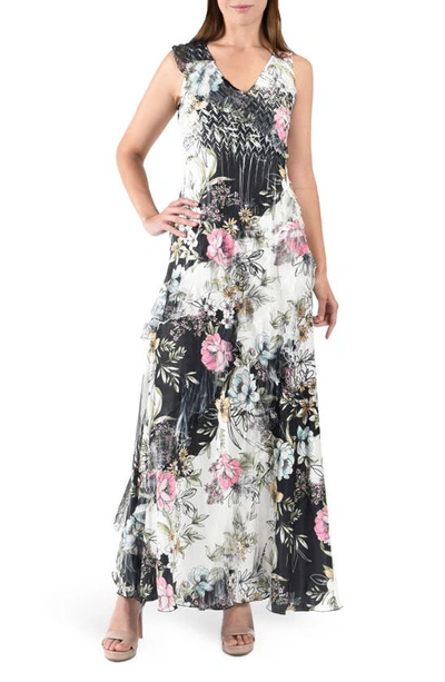 Shop Komarov Floral Ruffle Sleeveless Chiffon & Charmeuse Gown In Daisy Vine