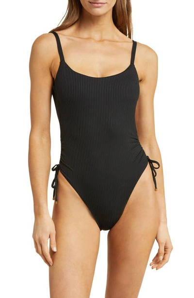 Shop Vitamin A Gemma Drawstring Accent Rib One-piece Swimsuit In Black Eco Rib