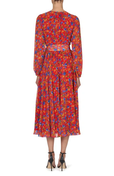 Shop Carolina Herrera Floral Print Long Sleeve Chiffon Dress In Lacquer Red