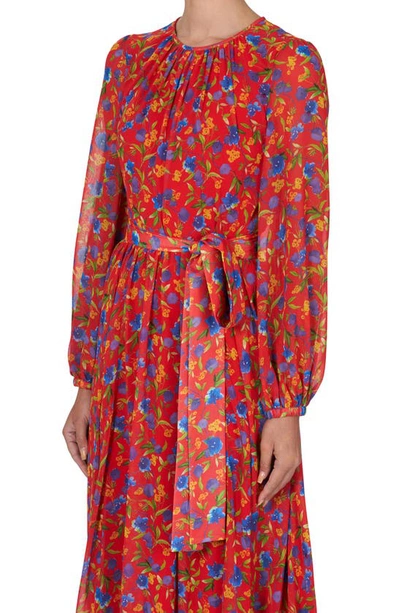 Shop Carolina Herrera Floral Print Long Sleeve Chiffon Dress In Lacquer Red