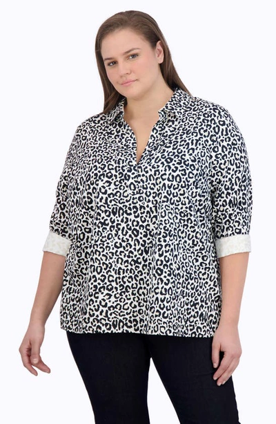 Shop Foxcroft Sophia Leopard Print Three-quarter Sleeve Cotton Popover Shirt In Multi
