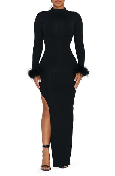 Shop Naked Wardrobe Fine Feathers Long Sleeve Body-con Maxi Dress In Black