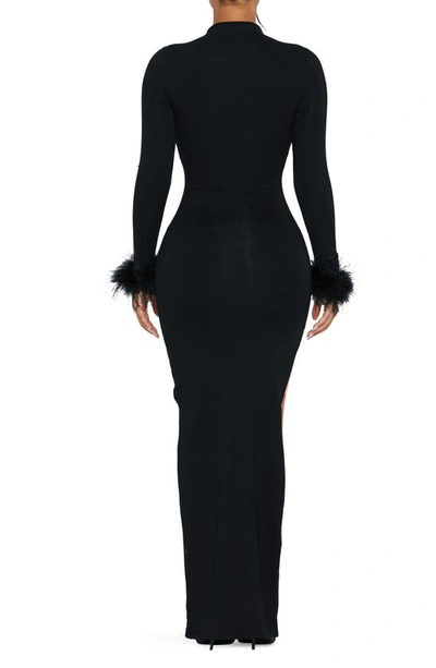 Shop Naked Wardrobe Fine Feathers Long Sleeve Body-con Maxi Dress In Black