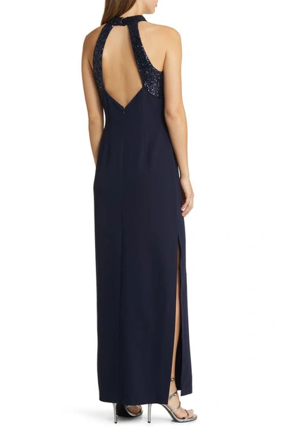 Shop Vince Camuto Sequin Neck Column Gown In Navy