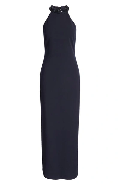 Shop Vince Camuto Sequin Neck Column Gown In Navy