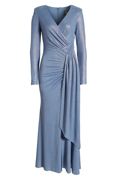 Shop Vince Camuto Ruched Metallic Side Drape Long Sleeve Gown In Blue