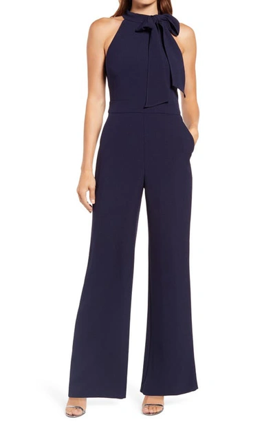 Shop Vince Camuto Bow Neck Stretch Crepe Jumpsuit In Navy