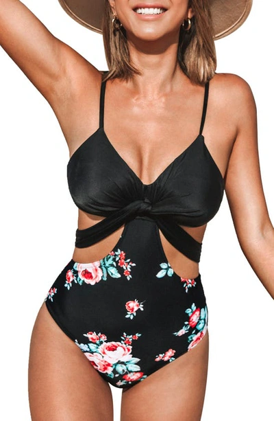 Shop Cupshe Floral Wrap Cutout One-piece Swimsuit In Black