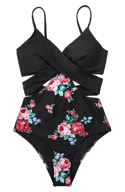 Shop Cupshe Floral Wrap Cutout One-piece Swimsuit In Black