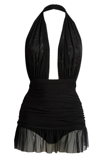 Shop Norma Kamali Mesh Plunge Skirted One-piece Swimsuit In Black