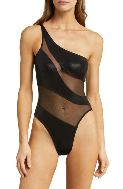 Shop Norma Kamali Snake Mesh Inset One-shoulder One-piece Swimsuit In Black/ Black Mesh