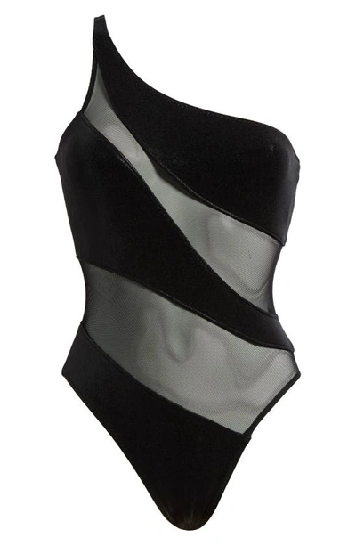 Norma Kamali One-shoulder Snake-print Mesh One-piece Swimsuit In Black/ Black Mesh