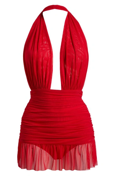 Norma Kamali Ruffle Halter Mio Swimdress In Tiger Red