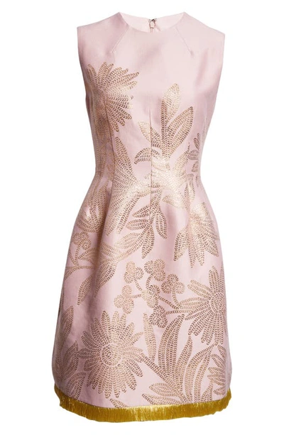 Shop Lela Rose Embroidered Fringe Sleeveless Dress In Blush