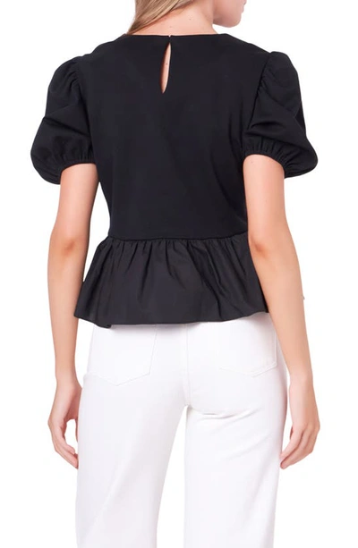 English Factory Mixed Media Puff Sleeve Peplum Top In Black