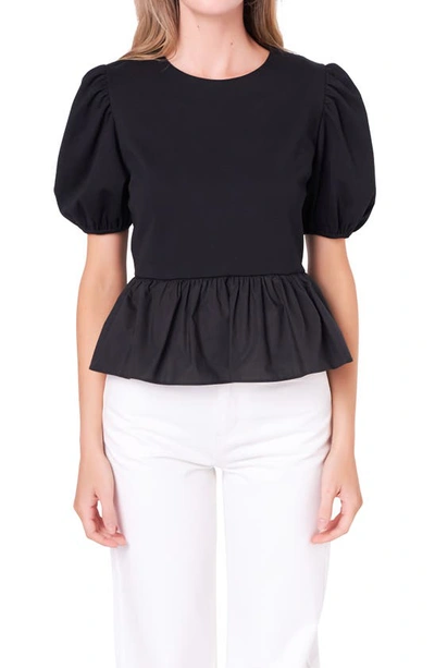 English Factory Mixed Media Puff Sleeve Peplum Top In Black