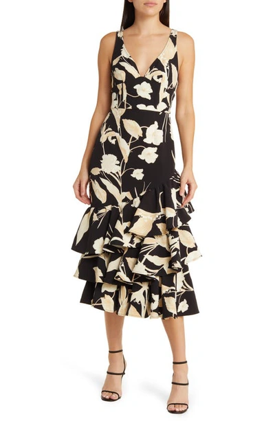 Shop Chelsea28 Print Tiered Ruffle Sleeveless Midi Dress In Black- Beige Cosmos Floral