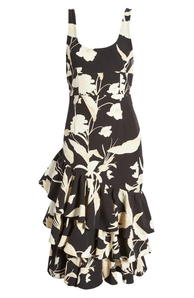 Shop Chelsea28 Print Tiered Ruffle Sleeveless Midi Dress In Black- Beige Cosmos Floral