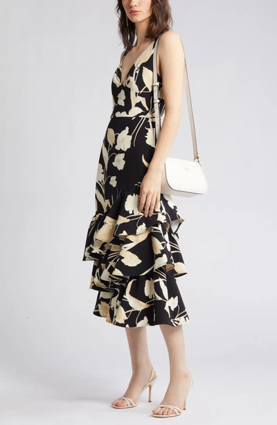 Shop Chelsea28 Print Tiered Ruffle Sleeveless Midi Dress In Black- Beige Cosmos Floral