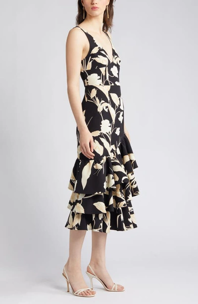 Shop Chelsea28 Print Tiered Ruffle Sleeveless Midi Dress In Black- Beige Cosmos Floral