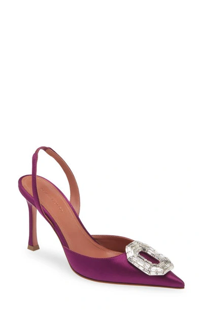 Shop Amina Muaddi Camelia Crystal Buckle Pointed Toe Slingback Pump In Amethyst