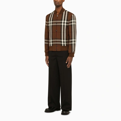 Shop Burberry Dark Brown Check Wool Bomber Jacket