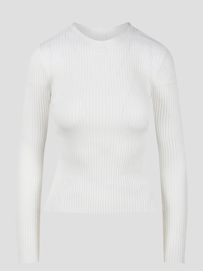 Shop Courrèges Elastic Wrists Rib Knit Sweater In White