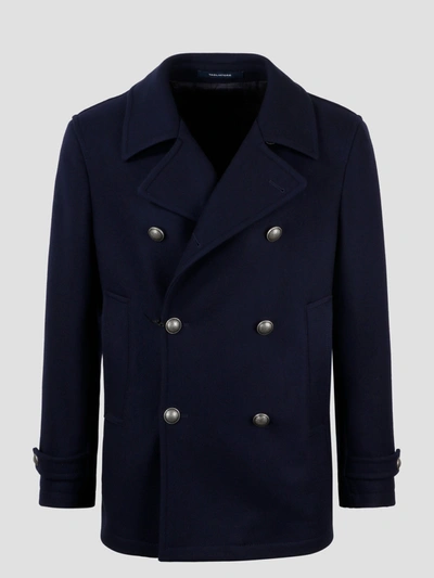 Shop Tagliatore Double Breasted Cashmire Wool Blend Coat In Blue