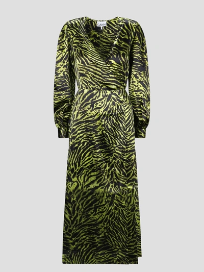 Shop Ganni Printed Wrap Long Dress In Green