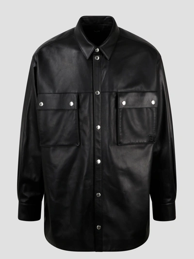 Shop Balmain Embossed Logo Leather Shirt In Black
