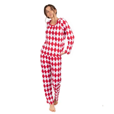 Shop Leveret Christmas Womens Two Piece Cotton Loose Fit Pajamas Argyle In Red