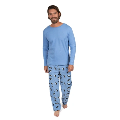 Shop Leveret Christmas Mens Cotton Top And Fleece Pant Pajamas Penguin In Blue