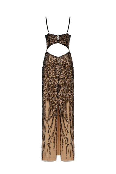 Milla Gala-worthy Beige Maxi Dress Covered In Black Sequined Ornament, Smoky Quartz In Beige&black
